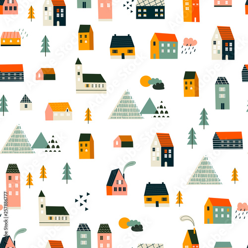Various small tiny houses, trees and mountains. Paper cut style. Flat design. Hand drawn trendy illustration. Big colored vector seamless pattern