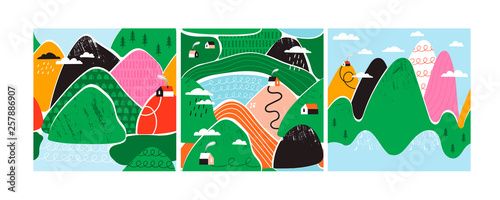 Small tiny houses, mountains and trees. Paper cut style. Flat design. Scandinavian style illustration. Set of three hand drawn trendy vector seamless patterns. Every pattern is isolated