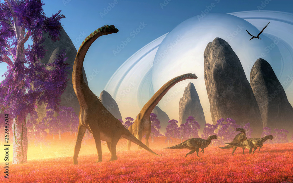 Ilustração do Stock: On a world far from earth, dinosaurs roam. Long ...