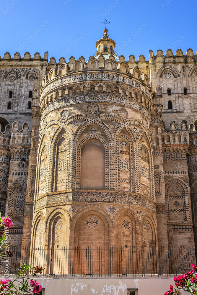 Arab-Norman architectural style of Cathedral Santa Vergine Maria Assunta (was erected in 1185) in Palermo, Sicily, Italy. Eastern side details.