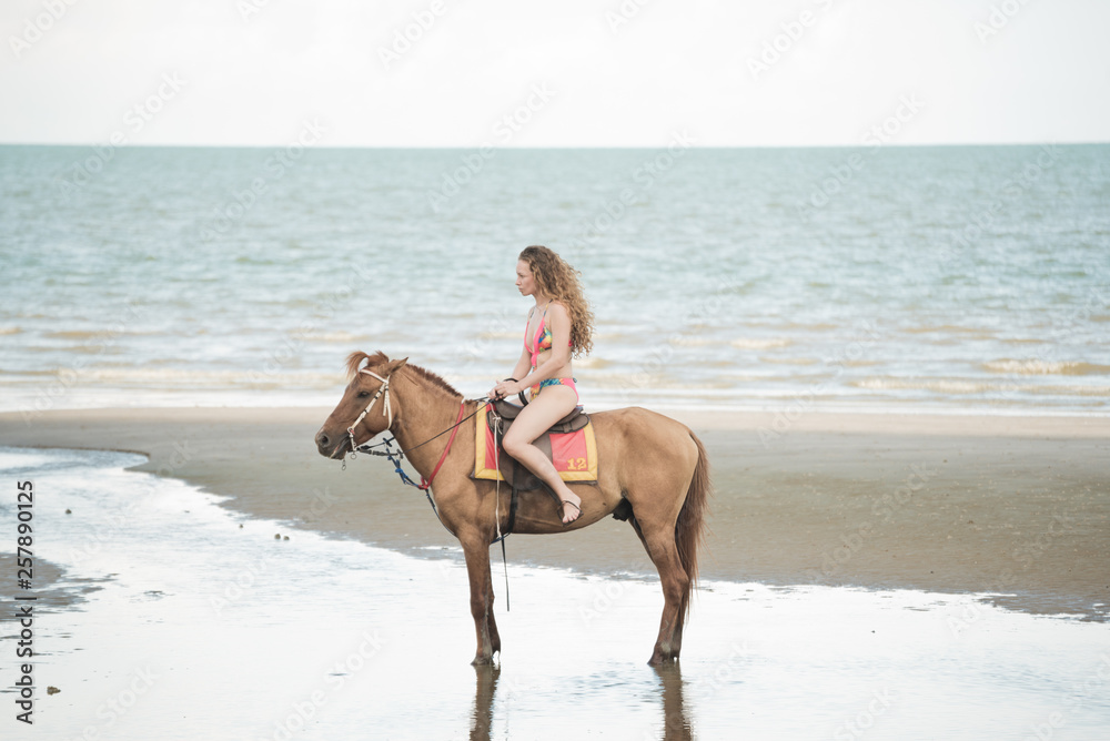 Pretty young lady riding a horse on the beach background of the sea Pretty young lady riding a horse on the beach background of the sea