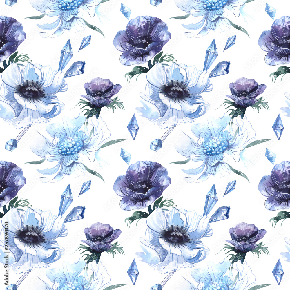 Obraz Winter watercolor pattern with flowers, such as anemones and scabiosa and ice crystals. Hand-drawn seamless pattern in blue tones.