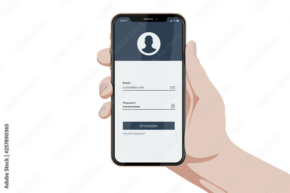  Hand mit Smartphone - Bildschirm Anmeldung UI Konzept