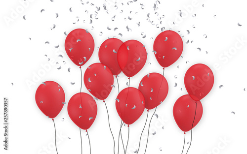 Viele fliegende rote Luftballons mit Konfetti Regen