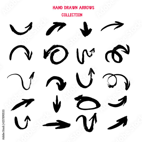 Grunge hand drawn arrow collection. Swoosh scribble sign set isolated on white background