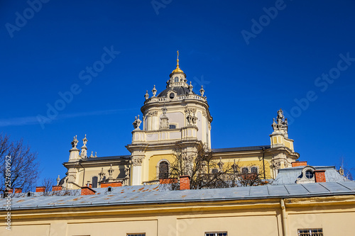 View of Lviv Greek Catholic Archbishop's Cathedral of Saint George (Ukr: Sobor sviatoho Yura, 1760) - magnificent Rococo architectural ensemble dating back to the XVIII century. Lviv, Ukraine. photo