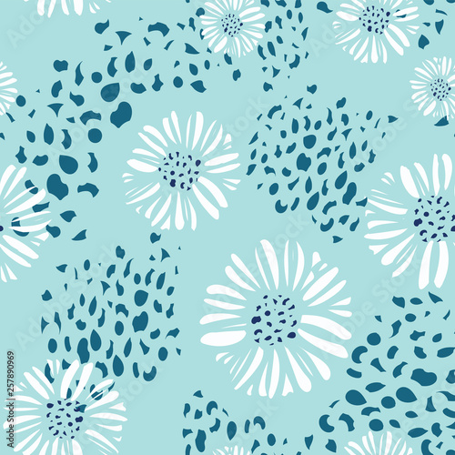 Beach flowers coastal seamless pattern in turquoise blue, teal and white. Fresh, vector design. Great for beach wedding invitations, island events, textile prints with seaside vibe and paper goods.