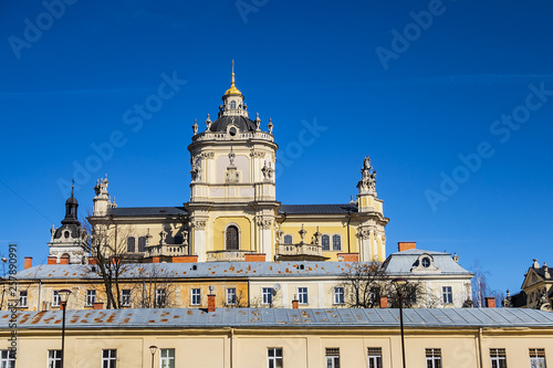 View of Lviv Greek Catholic Archbishop's Cathedral of Saint George (Ukr: Sobor sviatoho Yura, 1760) - magnificent Rococo architectural ensemble dating back to the XVIII century. Lviv, Ukraine. photo