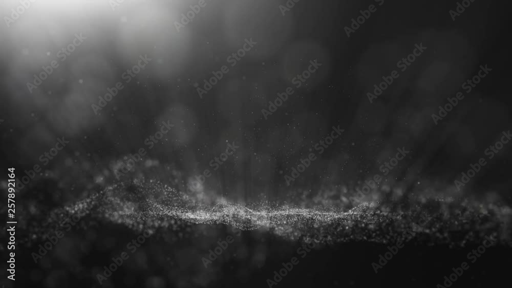 Black background, digital signature with particles, sparkling waves, curtains and areas with deep depths. The particles are white light waves.