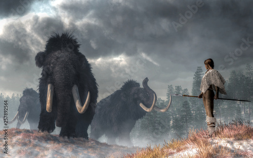 In a prehistoric wilderness, a woman faces the Gods of Winter.  Three woolly mammoths emerge from the cold Pleistocene mists. The woman, dressed in white fur, holds a spear at her side. 3D Rendering photo