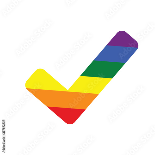 Rainbow check mark icon isolated on white background. Tick symbol in six rainbow colors, vector illustration. LGBT community and pride symbol. Same-sex marriage allowance concept.