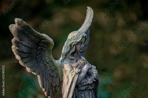 Detailaufnahme einer Statue trauernder Engel als Grabschmuck auf dem Friedhof in Berlin Frohnau 
