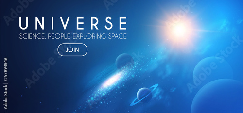 Planets in Universe with Star, Nebula and Galaxy Lights. 3D REalistic Space. Cosmos Design.