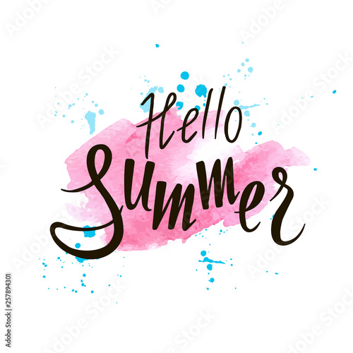 inscription hello summer on a pink background, beautiful vector illustration