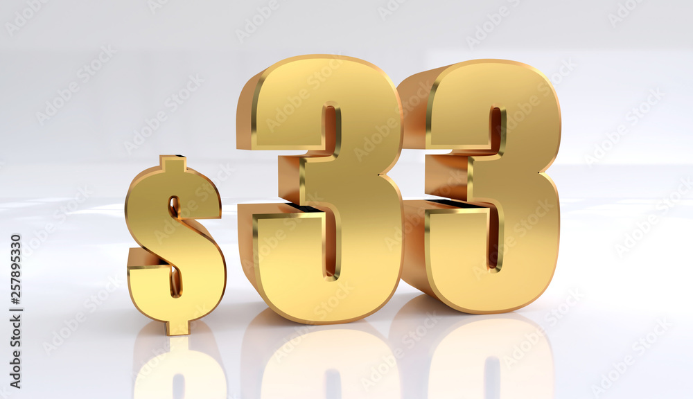Obraz premium 33 dollar price symbol. red text number 3d render with dollar sign on white background - Illustration