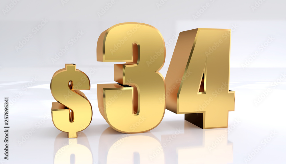 Obraz premium 34 dollar price symbol. red text number 3d render with dollar sign on white background - Illustration