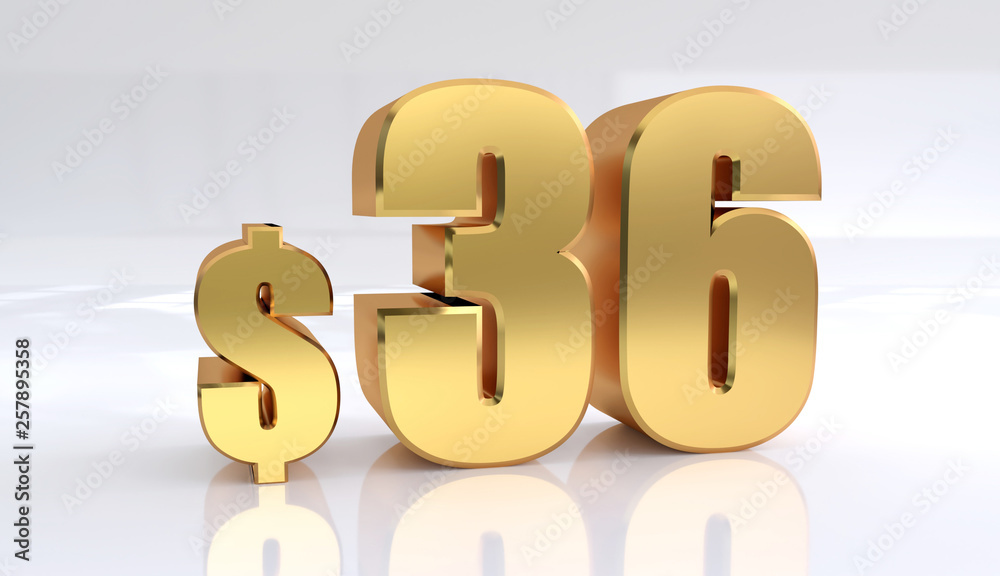 Obraz premium 36 dollar price symbol. red text number 3d render with dollar sign on white background - Illustration