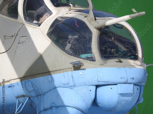Close-up of a large military helicopter, parts and elements of the body.
