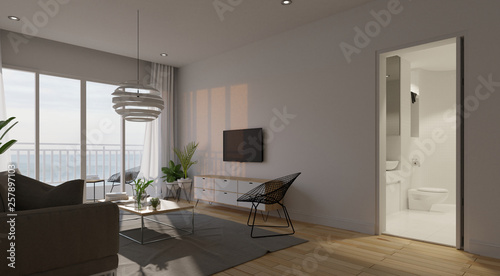 Modern living room interior with sofa and green plants lamp table on living coral color of the Year 2019 3d rendering.