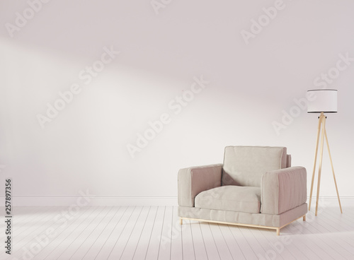 Interior mock up with gray velvet armchair in living room with white wall. 3D rendering.