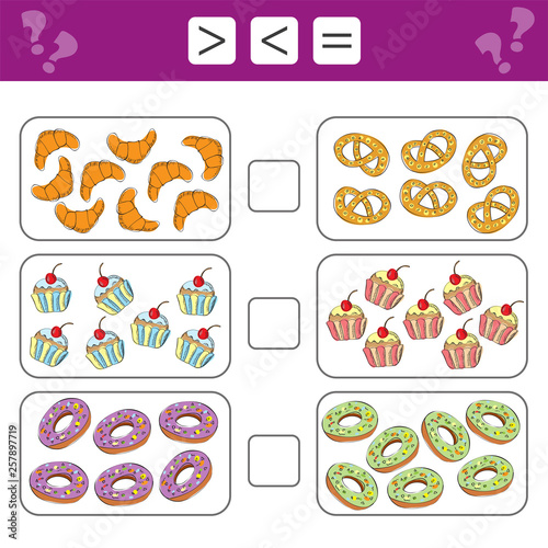 Educational mathematical game for kids. Learning counting choose more, less or equal