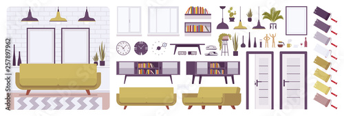 Living room interior, home, office creation set, lounge relaxing space kit with furniture, constructor elements to build your own design. Cartoon flat style infographic illustration and color palette