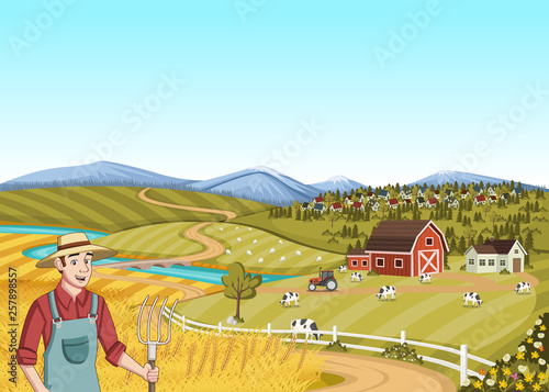 Cartoon farmer in front of colorful farm with barn, crops and cows.