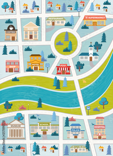 City map. Streets of a colorful city with buildings, houses and river. 