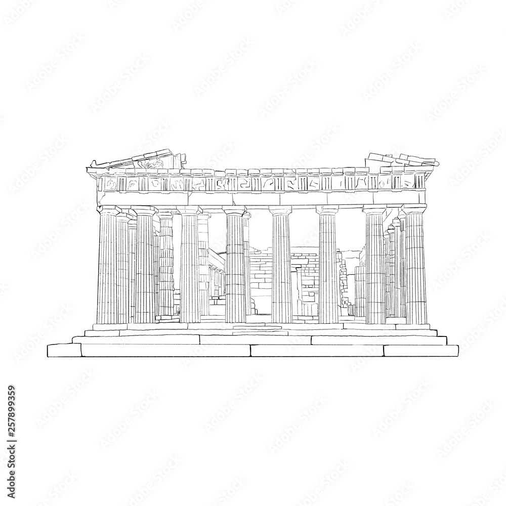 Hand drawn black and white illustration of Parthenon.Acropolis, Athens,Greece. - obrazy, fototapety, plakaty 