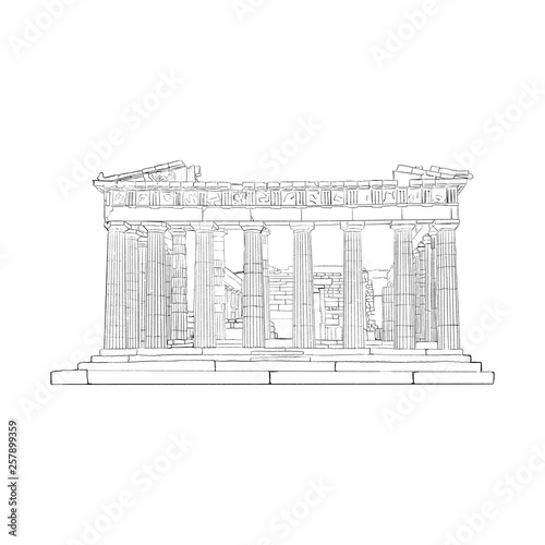 Hand drawn black and white illustration of Parthenon.Acropolis, Athens,Greece.