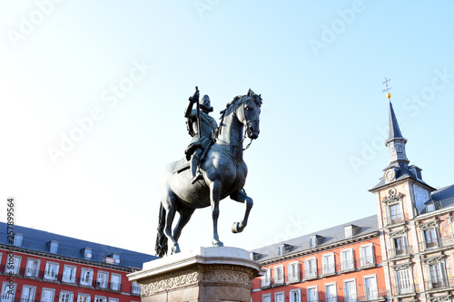 MADRID-SPAIN-FEB 19, 2019: The Felipe III Statue, Madrid stands in the centre of Plaza Mayor depicts King Philip III of Spain triumphantly riding his stallion.