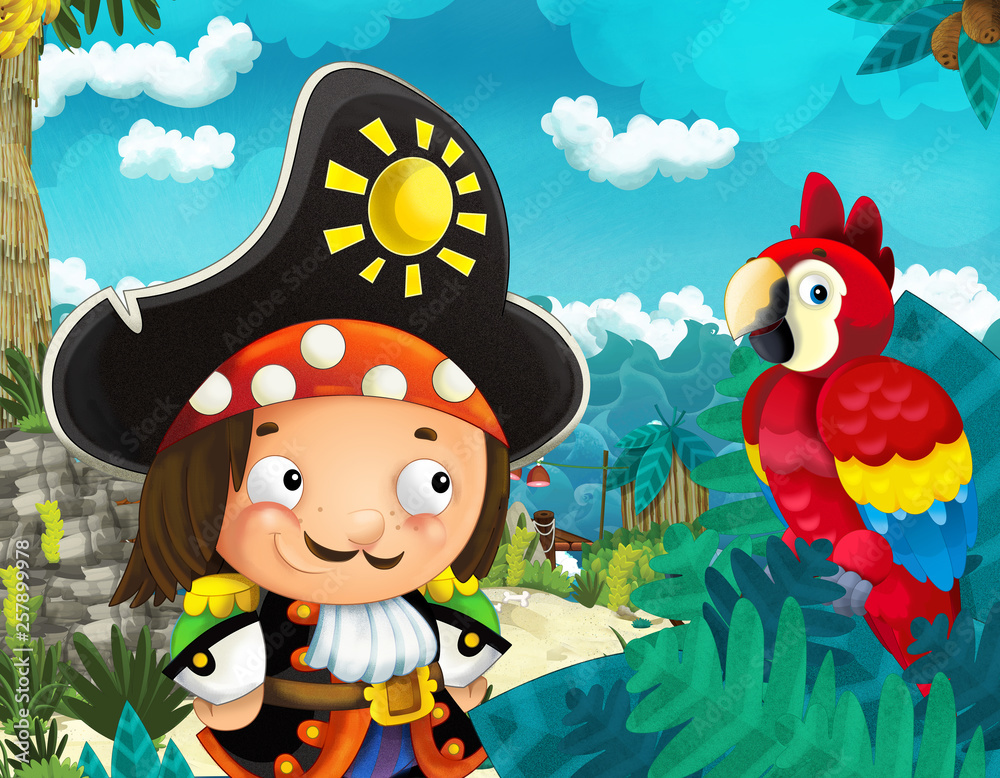 Fototapeta Cartoon scene of beach near the sea or ocean - parrot bird and pirate captain - illustration for children