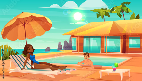 Leisure on tropical resort cartoon vector. Caucasian man swimming in pool, flirting with african-american woman lying on lounge chair under umbrella on beach illustration. Vacation romance concept