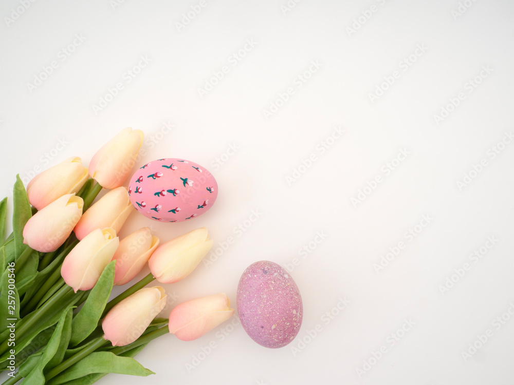 tulips and bright colored eggs. Easter day tulips and bright colored eggs. Easter day