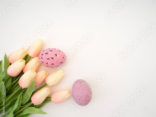 tulips and bright colored eggs. Easter day