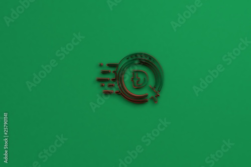3D illustration of Dash Coin, red color with green background.