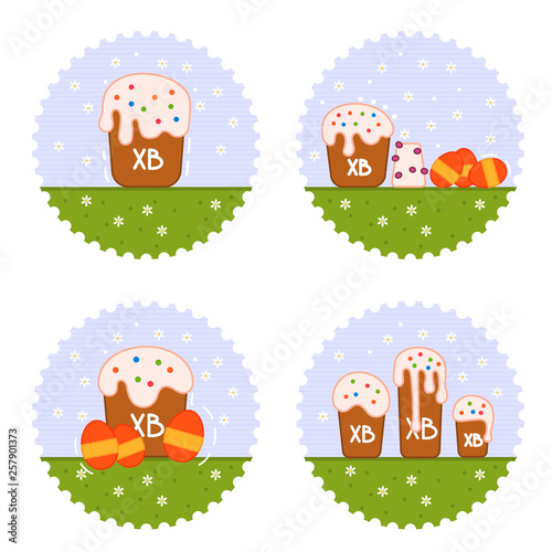 Beautiful set with easter cake and colorful eggs for web background design. Vector flat illustration set. Happy easter concept. Festive vector illustration.