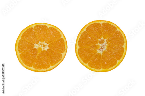 two halves of an orange on a white background