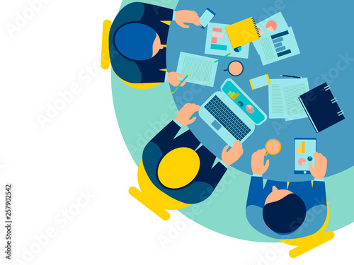 Workflow in the office. Three persons. Desktop in minimalist style. Cartoon vector