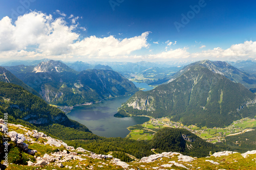 Beautiful Aerial view of Alps mountain valley with beautiful lake and peaks