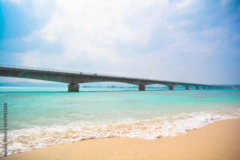 Beautiful view of Kurima Ohashi Bridge in Okinawa Island, Japan