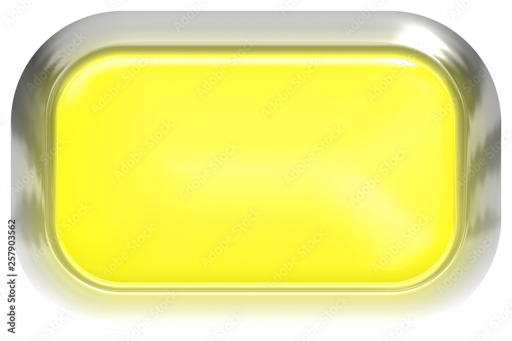 Web button 3d - yellow glossy realistic with metal frame, easy to expand