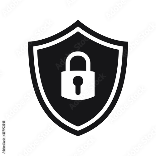 Shield security with lock symbol. Protection, safety, password security vector icon illustration. Firewall access privacy sign. Lock security icon for login page. Website guard emblem.