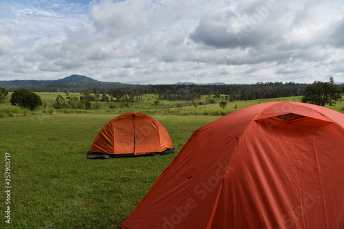 Colorful camping adventure tent with green meadow and beautifullandscape background in Tung sa lang lung national reserve area, Thailand