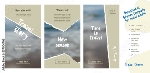 Trendy easy editable template for social media stories in torn paper style. Travel theme Creative design background for individual and corporate web promotion, blogs