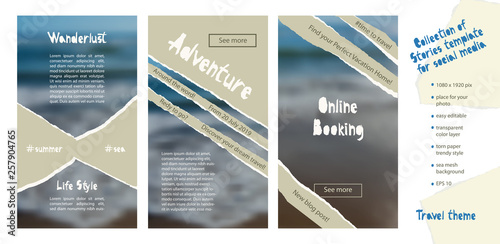 Trendy easy editable template for social media stories in torn paper style. Travel theme Creative design background for individual and corporate web promotion, blogs
