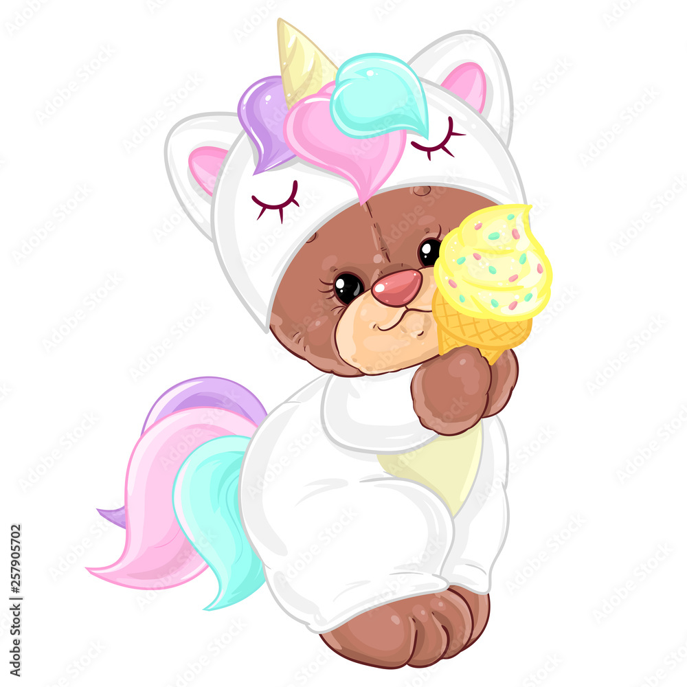 Naklejka premium Teddy bear in unicorn costume with ice cream. Cute children's character.