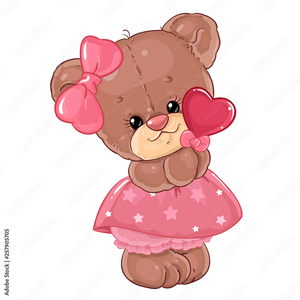 Teddy bear girl with heart lollipop. Cute children's character