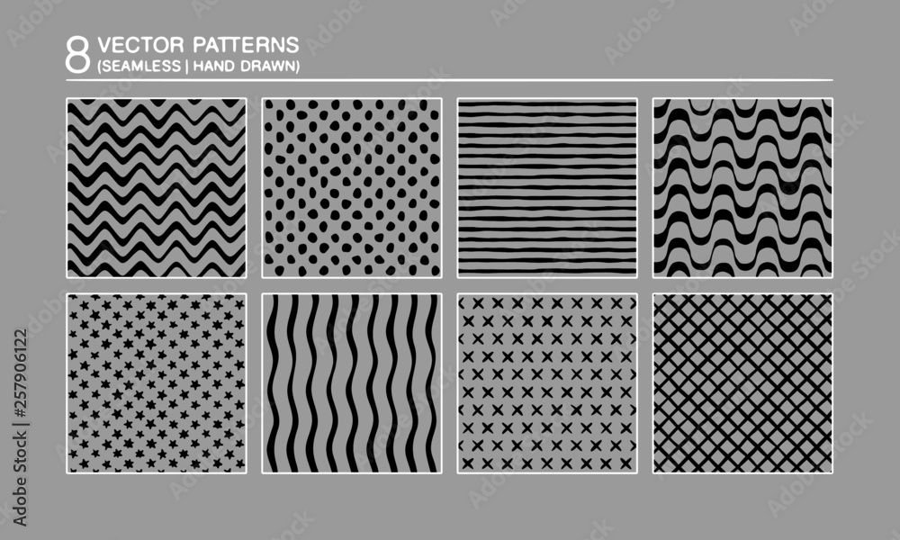 8 Vector Patterns, Seamless, Hand Drawn