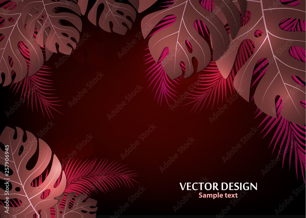 Fototapeta premium Vector background with tropical monster leaves and palm leaves. Bright abstract background for banner, flyer or cover with copy space for text or emblem - vector graphics